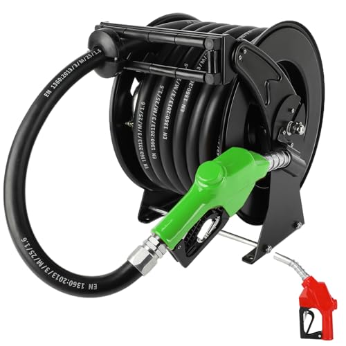 1" x 50ft Fuel Hose Reel Black, 300PSI Diesel Fuel Transfer Hose Working with 12V Pump & Tank, 1 Inch Retractable Hose Reel with Fuel Nozzle, Manual Reel for Boat Def Fluid Truck Bed Trailer Cart - color: Black, size: 1" x 50ft