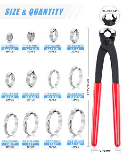 Single Ear Hose Clamp Kit, 210 Pcs, 12 Sizes 6-36.1mm (1/4"-1.4") | 304 Stainless Steel, With Pincer Tool, Fuel Line Clamps, For Automotive, Pneumatic, Garden Hose, Kegerator, PEX, Dishwasher - size: 12 Sizes (6-36.1 mm) with Pincer