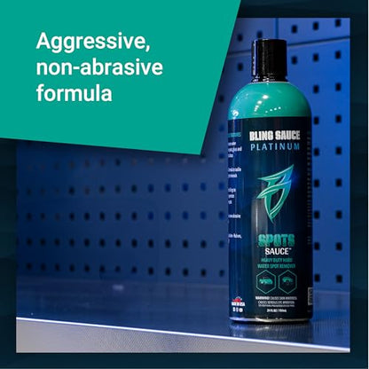 Bling Sauce Platinum Spots Sauce, Heavy-Duty Hard Water Spot Remover for Cars, Trucks, SUVs, 24oz. | Heavy duty mineral deposit remover clings to glass, chrome, paint and polished metal to dissolve hard water spots safely - style: Spots Sauce