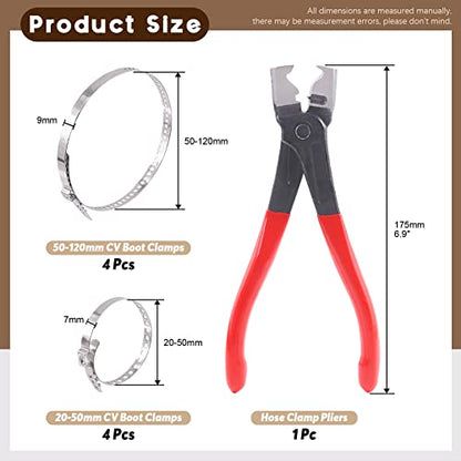 9Pcs Hose Clamp Pliers with CV Boot Clamp Kit, Small and Large Stainless Steel Universal Adjustable Drive Shaft CV Boot Crimp Clamp Clic-R Collar Pliers Automobile Repair Tools for Most Cars