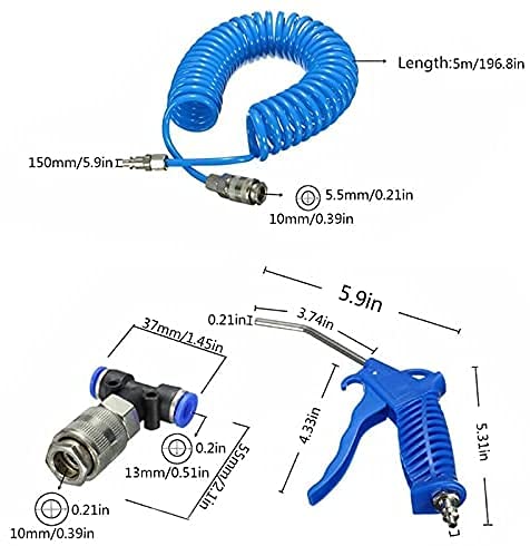 Air Blow Gun Kit Air Duster Cleaning Nozzle Blow Spray Tool Kit with 5 Meter Long Coil PU Air Hose,4×6mm(Blue) - color: Blue