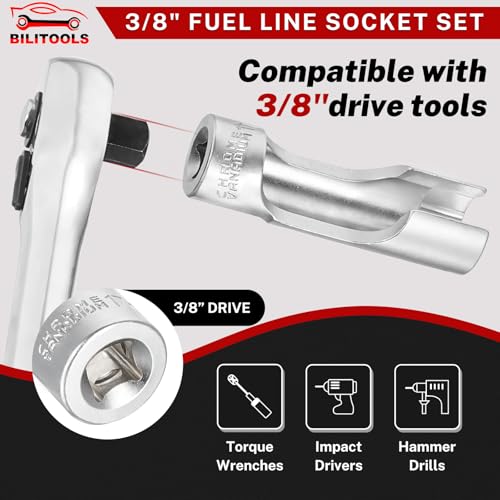 BILITOOLS 7pcs Diesel Injector Fuel Line Socket Set, 3/8" Drive | CR-V Steel for Sensors & Pipes, Non-Slip, Precise Fit, for Thermo/Egt Sensors, Fuel Lines, Bent Pipes, Abs, Brake Line