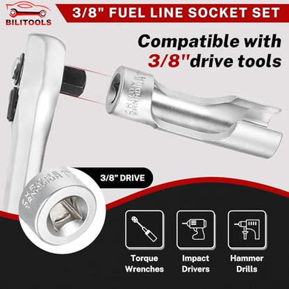 BILITOOLS 7pcs Diesel Injector Fuel Line Socket Set, 3/8" Drive | CR-V Steel for Sensors & Pipes, Non-Slip, Precise Fit, for Thermo/Egt Sensors, Fuel Lines, Bent Pipes, Abs, Brake Line