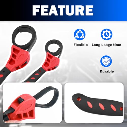 2PCS Rubber Strap Wrench Plumbing,Non-Slip Universal Oil Filter Wrench | with 8" Large & 6" Small for Oil Filter,Drain,Pipes,Sewer Cap,Adjustable Strap Wrenches Heavy Duty