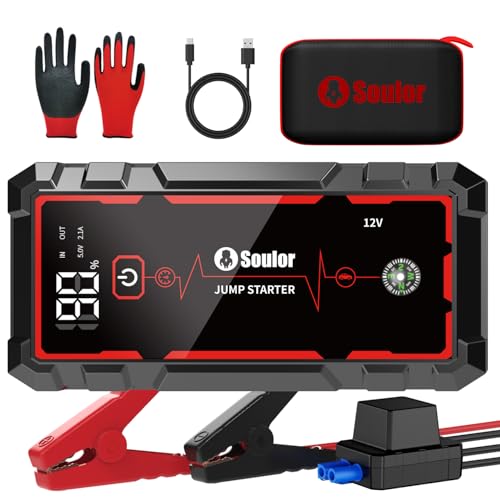 Jump Starter, Battery Jumper Starter Portable, Car Battery Jump Starter with 3 Modes Flashlight, Compass, Power Bank and Jumper Cable | Jump Box with 3 Modes Flashlight, Compass, Power Bank, Gloves and 12V Jumper Cable Up to 10.0L Gas and 10.0L Diesel - c