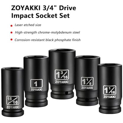 10 PCS 3/4" Drive Impact Lug Nut Socket, SAE 15/16"-1-1/2" Deep CR-MO Socket Set With Case for Impact Driver - size: 3/4" SAE 10PC Set