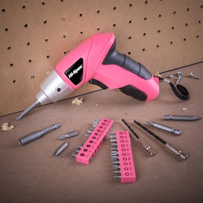 Hi-Spec Small Electric Screwdriver, Mini Drill Set, Rechargeable 3.6V Cordless Screwdriver with 26 Driver Bits, Power Tool for Small Projects & Home Use, Pink | 27pc, Speeds furniture assembly, comfortable cordless control, LED work light, USB charging, o