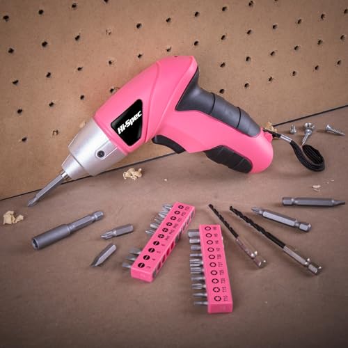 Hi-Spec Small Electric Screwdriver, Mini Drill Set, Rechargeable 3.6V Cordless Screwdriver with 26 Driver Bits, Power Tool for Small Projects & Home Use, Pink | 27pc, Speeds furniture assembly, comfortable cordless control, LED work light, USB charging, o