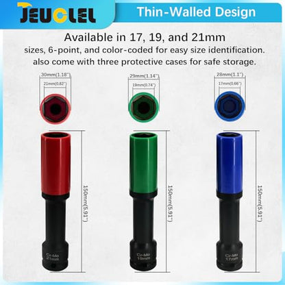3PCS Lug Nut Socket Set, 1/2" Drive Impact Extra-Long Impact Socke | 17mm, 19mm, 21mm, 6 Point, Non-Marring, Thin Wall, Deep Socket, Wheel Protector, Protective Socket, Color-Coded, Cr-Mo Steel
