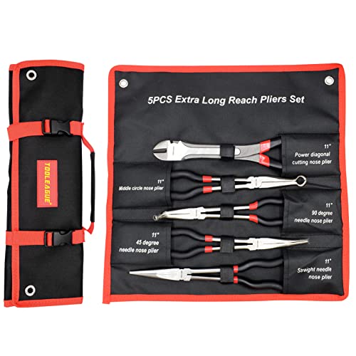 TOOLEAGUE 5Pcs Extra Long Needle Nose Pliers Set, 11" Long Reach Straight,45/90 Degree Bent Nose,Diagonal Pliers and O-shape Tip Craft Repairing Tool - size: 5pcs,11"