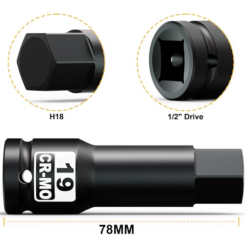 1/2" Drive 19 mm Hex Impact Bit Socket, H19 Allen Bit Socket, Metric, Cr-Mo Steel, Automotive Repair Industrial Maintenance and DIY Enthusiasts Alike - size: 1/2" H19 Deep