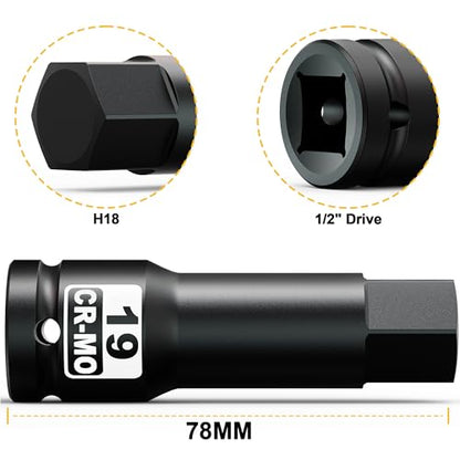 1/2" Drive 19 mm Hex Impact Bit Socket, H19 Allen Bit Socket, Metric, Cr-Mo Steel, Automotive Repair Industrial Maintenance and DIY Enthusiasts Alike - size: 1/2" H19 Deep