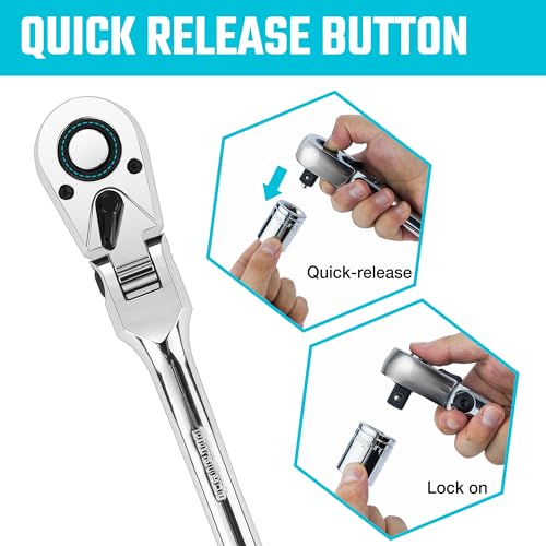 DURATECH 1/2" Drive Flex-Head Ratchet | 72-Tooth Ratchet Wrench, Quick-release, Reversible Switch, Full-Polished Chrome Plating, Alloy Steel - size: 1/2" Drive