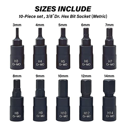 HEX Bit Socket Set, Premium Cr-Mo Steel | 10-Piece Metric 3mm - 14mm Set | 3/8-Inch Drive | Enhanced Storage Case… - size: Hex Bit