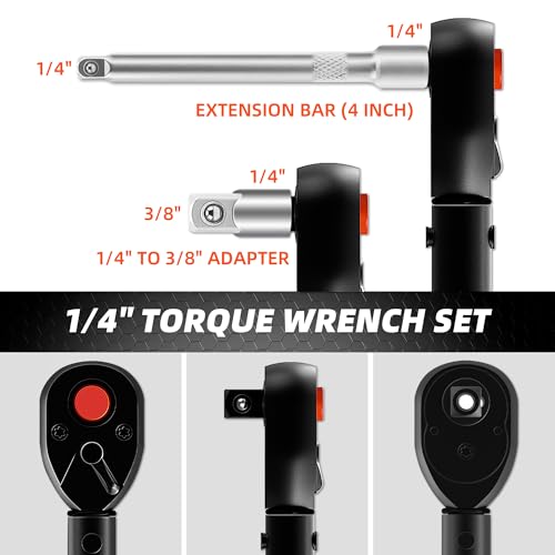 PRIDE&CRAFT 32Pcs Torque Wrench Set, 1/4 Inch Drive, 10-220 IN.LB Inch Pound Click Torque Wrench with Bit Sockets, 3/8 Adapter,Accuracy: ±3% Adjustable Torque Wrench for Bike, Motorcycle, Car