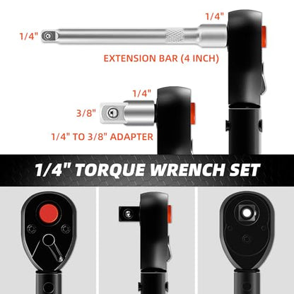 PRIDE&CRAFT 32Pcs Torque Wrench Set, 1/4 Inch Drive, 10-220 IN.LB Inch Pound Click Torque Wrench with Bit Sockets, 3/8 Adapter,Accuracy: ±3% Adjustable Torque Wrench for Bike, Motorcycle, Car