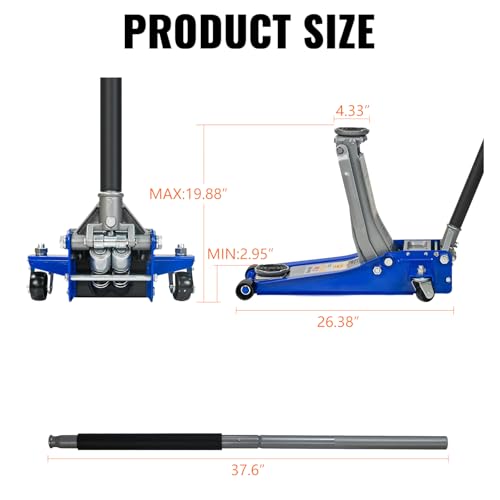 3 Ton Low Profile Hydraulic Floor Jack, Heavy Duty Steel Dual Piston Service Jack, CE Certified - size: 3T Low Profile 2.95" Min Height