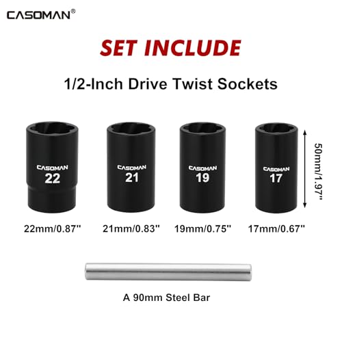 CASOMAN 5 Pieces 1/2"Dr. Twist Socket Set, Lug Nut Remover Tool Metric Bolt and Lug Nut Extractor Socket Tools - size: 5-Piece