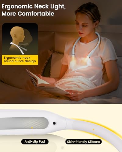 Glocusent Lightweight Neck Light for Reading in Bed, 1200mAh Rechargeable Book Light, Hands-Free Reading Light, 5 Colors, 5 Brightness Adjustable, Private Bedtime Reading for Book Lover - color: White