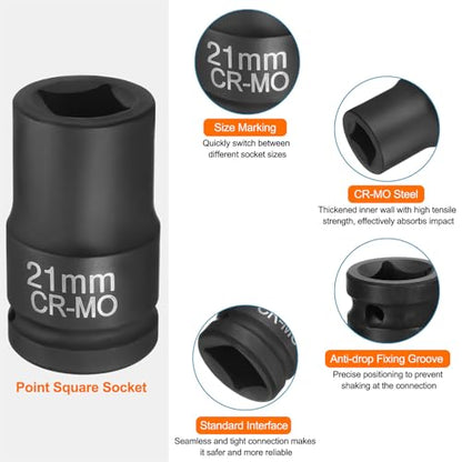 HARFINGTON 4 Point Square Socket 1" Drive 21mm Metric Square Impact Socket CR-MO Blackening Standard Wheel Sleeve Pneumatic Sleeve Tool for Auto Repair Mechanical Maintenance Home Use - size: 1"/21mm