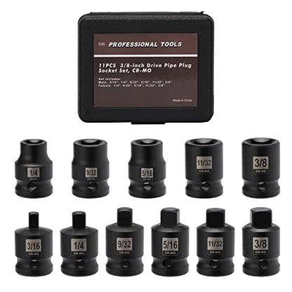 Mayouko 11PCS 3/8" Drive SAE Pipe Plug Socket Set, Tapered Male Square Drive, Chamfered Female Square Drive, CR-MO