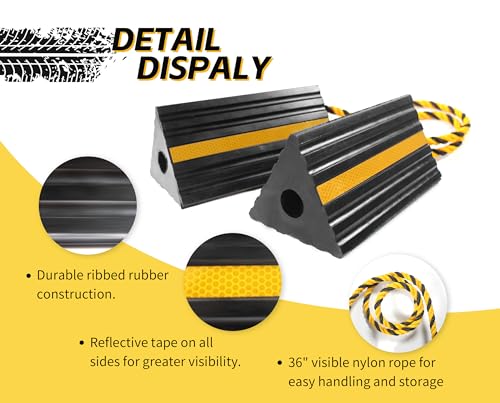 MaxxHaul 50019 Heavy Duty 3-Sided Rubber Wheel Chock with Yellow Reflective Strips and Nylon Rope and Non-Slip Base - 1 Pair - style: Rubber Wheel Chock