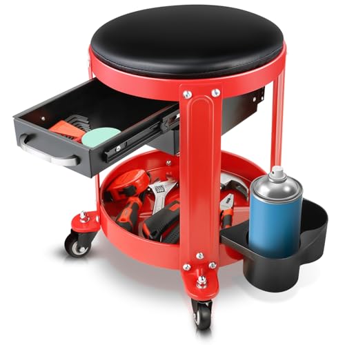 Auto Dynasty Round Mechanics Roller Seat, 300 LBS Capacity Rolling Creeper Garage Shop Seat with Drawers and Tool Tray, Mechanic Stool with Removable Padded Seat for Workshop Auto Repair, Red - color: Red
