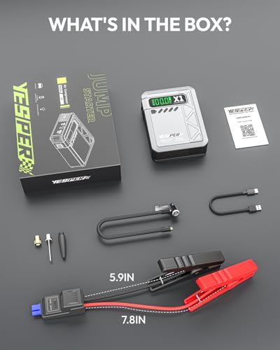 YESPER Jump Starter with Air Compressor 2000A 150PSI Battery Jumper Starter Portable(8L Gas/6L Diesel), 12V Car Jump Pack Battery Charger Jump Box with Jumper Cables, LCD Display, Lights(Grey) - color: Grey