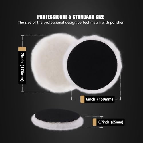Wool Buffing Polishing Pad, SPTA 6Pcs 6 Inch (150mm) Lambwool Wool polishing Pads with Pad Clean Tool Kit with Hook & Loop 5/8"-11 Thread Drill Adapter for Car Polishing and Buffing -A1055S6M58