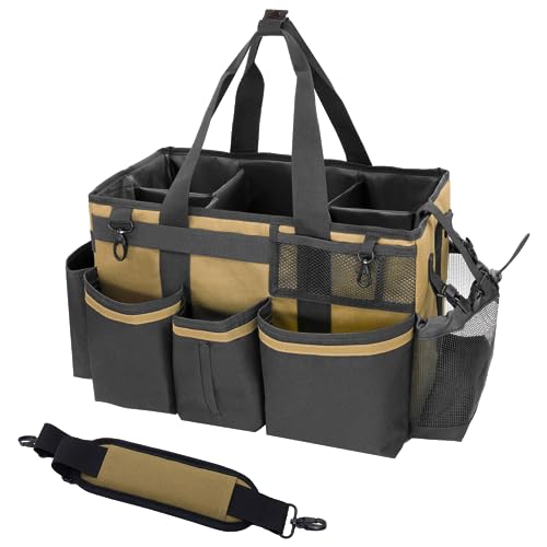 SCAVATA Wearable Cleaning Caddy Organizer with Handle & Shoulder Straps for Housekeepers, Under Sink & Car Cleaning Tool Organizer Bag with 4 Foldable Dividers (Tan) - color: Tan