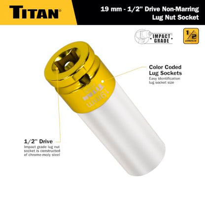 Titan 21092 1/2-Inch Drive x 19mm Non-marring Impact Deep Lug Nut Socket - size: 19mm