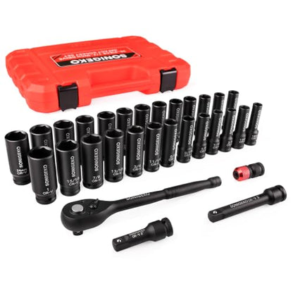 30-Piece 1/2" Drive Deep Impact Socket Set | SAE(3/8"–1")& Metric (10mm–24mm), Includes 3", 5" Extension Bars, Ratchet Wrench & Bit Adapter - size: 30 PCS, 1/2" Socket Set, Metric & SAE