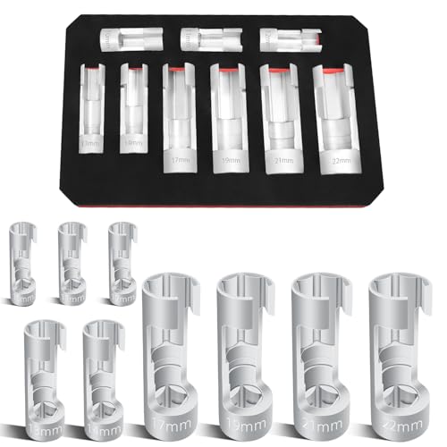 9PCS 10-22mm 3/8" 1/2" Diesel Injector Fuel Line Socket Wrench Set | Flare Nut Socket, Fastener Bent Pipes, Wired Temperature Sensors, EGT Sensor, Thermo Switches, ABS Tubes, Strut Nut Extractor