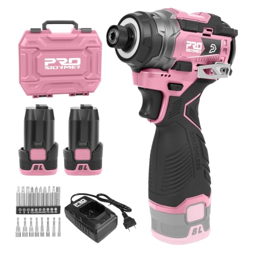 Prostormer 17V Cordless Impact Driver Set, 140Nm Brushless Screwdriver | 3 Variable Speed, 1/4” Hex Chuck, 18 Pcs Bits, 1.5Ah Batteries & Charger(Pink) - color: Pink, size: 17V Impact Driver