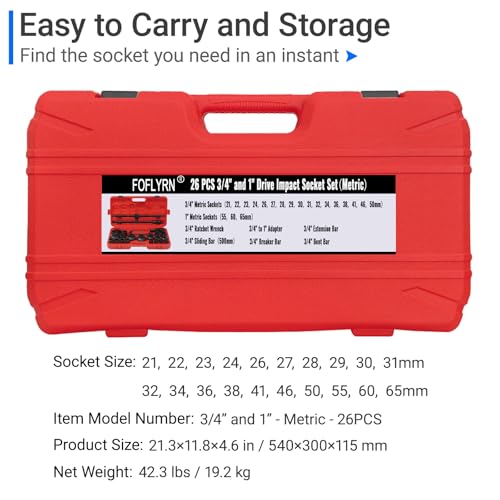 3/4" and 1" Drive Impact Socket Set,6-Point Metric Socket Set (21-65mm),26PCS Cr-Mo Material Heavy Duty Jumbo Deep Socket Set with Ratchet Wrench,Adapter,Sliding Bar,Extension Bar and Storage Case.