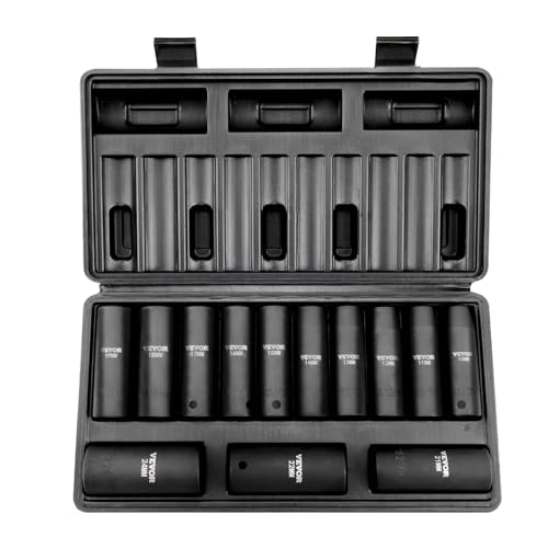 VEVOR 1/2" Drive Impact Socket Set, 13 Piece Deep Socket Set Metric 10-24mm, 6 Point CR-V Alloy Steel for Auto Repair, Easy-to-Read Size Markings, Rugged Construction, Includes Storage Case - size: 1/2" 13PCS
