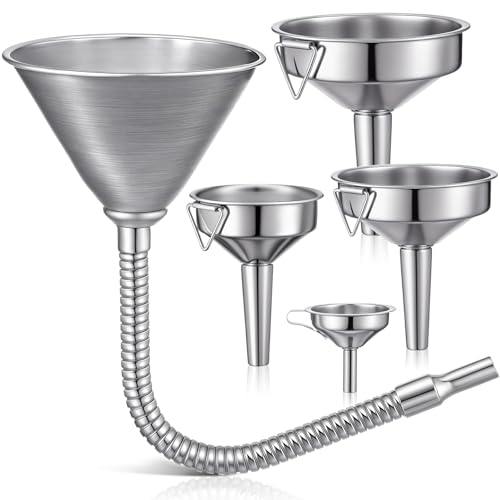 Blulu Set of 5 Stainless Steel Flexible Oil Funnels for Automotive Use Bendable Spout Funnel for Cars Boat Canning Diesel Fuel Other Liquids, with Hose and Filter