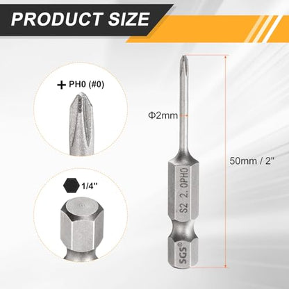 HARFINGTON 4pcs #0 Phillips Screwdriver Bit PH0 1/4" Hex Shank 2" (50mm) Long 0.08" Rod Magnetic Cross Head Drill Bits S2 Steel Industrial Screw Driver for Electric Power Tools, Gray - size: PH0 x 2" x 0.08"