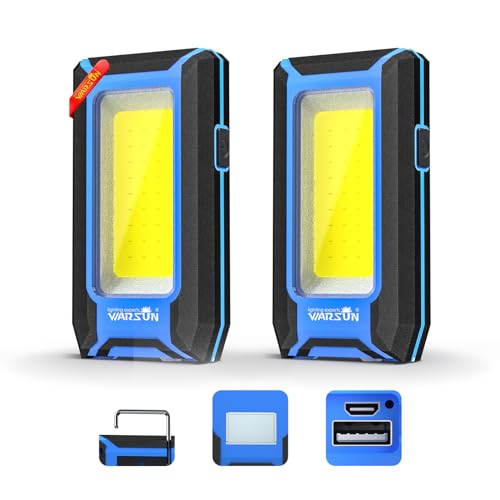 WARSUN 2PC LED Work Light Rechargeable, Magnetic COB Portable Worklights, 40w 1500 Lumens,Metal Hanging Hook 3 Lighting Modes, Job Site Lighting for Car Repairing,Camping,Hunting, Blue - color: Blue+Blue