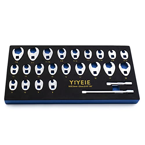 YIYEIE 3/8" Drive Crows Foot Wrench Set, 24PCS Flare Nut Crowfoot Wrench Set, Metric & SAE, 8-22mm & 5/16"-7/8", CR-V Steel, Crows Feet Wrench Set with 2 Extension Bars, Line Wrench Set with EVA Foam - color: Metric & Sae 24pcs, size: 6-Point