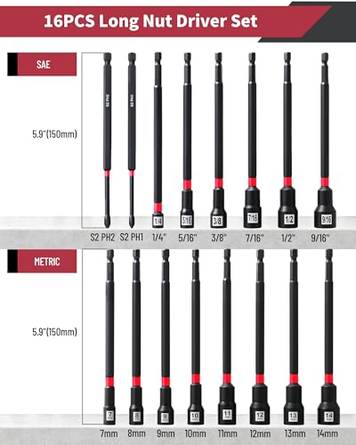 16-Piece Magnetic Nut Driver Set for Impact Drill, Long 6-Inch SAE & Metric 1/4" Hex Shank with S2 Steel Phillips Bits