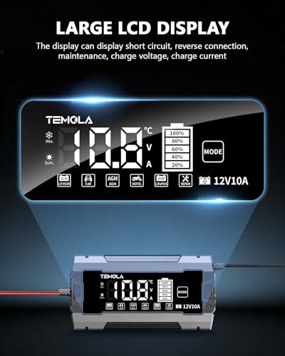 12V 10A Smart Battery Charger Fully Automatic Battery Maintainer Trickle Charger with Pulse Repair LCD Display Temp Compensation for AGM Gel SLA LiFePO4 Flooded Deep Cycle Motorcycle Boat Batteries - color: Gray-Black
