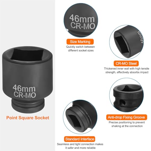 HARFINGTON 4 Point Square Socket 1" Drive 46mm Metric Square Impact Socket CR-MO Blackening Standard Wheel Sleeve Pneumatic Sleeve Tool for Auto Repair Mechanical Maintenance Home Use - size: 1"/46mm