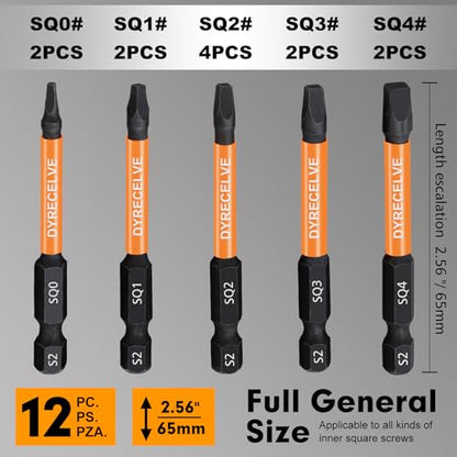 DYRECELVE 12-Pack Square Drive Bit Set, Magnetic Impact Screwdriver Bits | S2 Steel 1/4" Hex Shank, 2.56-Inch Square Head Screwdriver Bits, #0 #1 #2 #3 #4 for RV, Trailer, Cabinet and Deck Repairs - color: Black