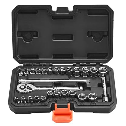 VEVOR Socket Set, 27 Pieces, 1/4 inch Drive Socket and Ratchet Set, SAE and Metric, Mechanic Tool Kit with Ratchet Wrench, Extension Bar and Storage Case, CR-V Alloy Steel, for Automotive Repair - size: 1/4", style: 27 PCS