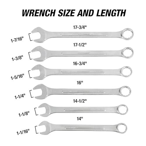 OEMTOOLS 22100 6-PC SAE Jumbo Combination Wrench Set, 1-1/16" to 1-7/16", 12 Pt. Box End Wrenches, 15° Offset for Knuckle Clearance, Chrome Plated Finish with Wrench Roll - style: 6 piece SAE