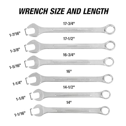 OEMTOOLS 22100 6-PC SAE Jumbo Combination Wrench Set, 1-1/16" to 1-7/16", 12 Pt. Box End Wrenches, 15° Offset for Knuckle Clearance, Chrome Plated Finish with Wrench Roll - style: 6 piece SAE