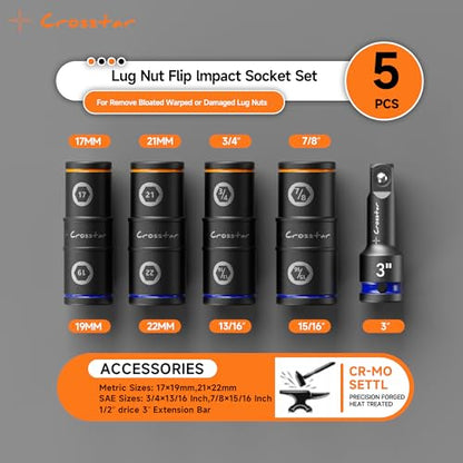 Crosstar 1/2" Drive Impact Flip Socket Set | Thin Wall Lug Nut Remover - 8 Sizes for Universal Fit | Cr-Mo Steel Non-Marring Design | Wheel Lock Removal Tool for Trucks & SUVs