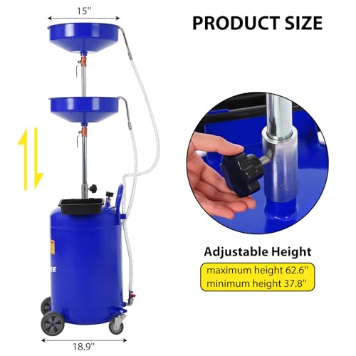 Garvee 20 Gallon Waste Oil Drain Tank, Portable Oil Drain Container, Air Operated Drainer, Fluid Fuel Transfer Drainage, Adjustable Funnel Height with Wheel &15'' Premium Bowl and a Toolbox - size: 20 Gallon- Blue