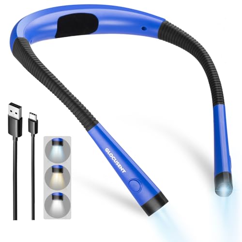 Glocusent Book Light, 3-Color & 6-Brightness Reading Light, Bendable Neck Light, 80-hr Lasting Rechargeable Book Light, Perfect Reading Lights for Books in Bed, Knitting, Repairing, Book Lovers Gifts | 3-Color&6-Brightness, USB-C,LED Neck Reading Light,Wo
